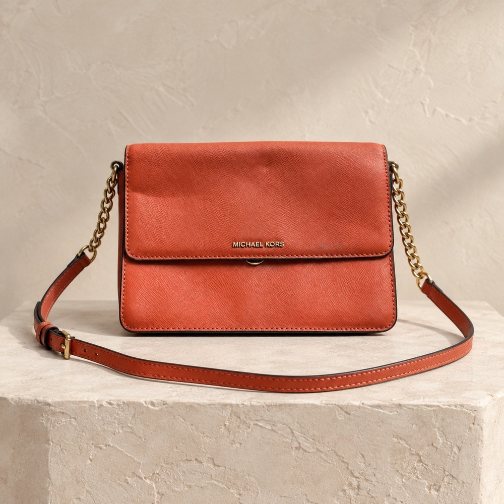 Michael Kors Saffiano Leather Crossbody Bag Orange Gold Chain Strap